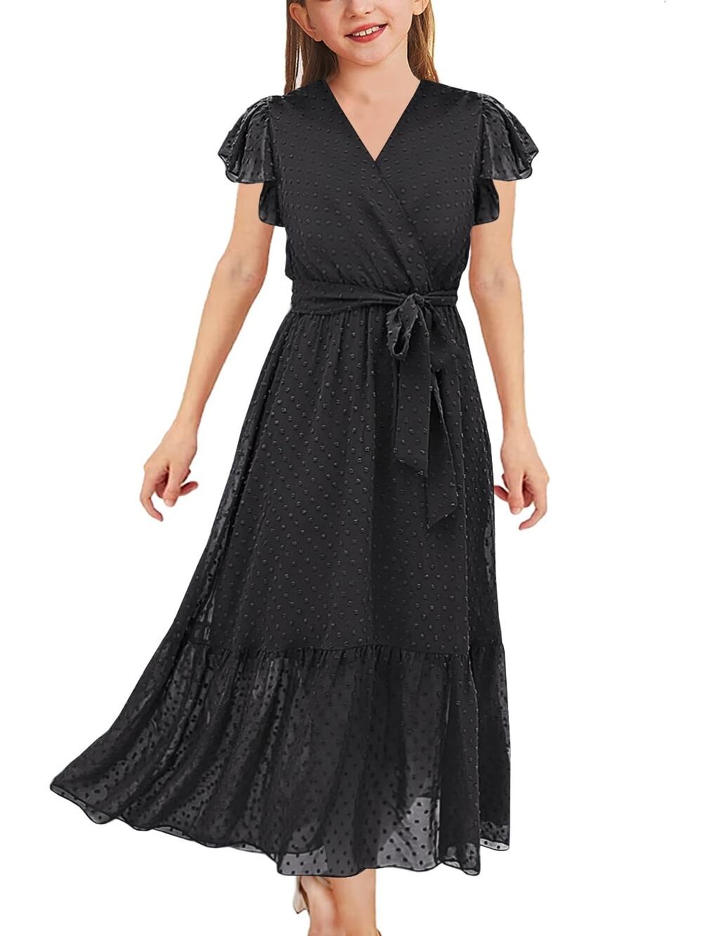 Girls Black Maxi Dress Size 12 V Neck Ruffle Sleeve Self Tie Swiss Dot Tiered